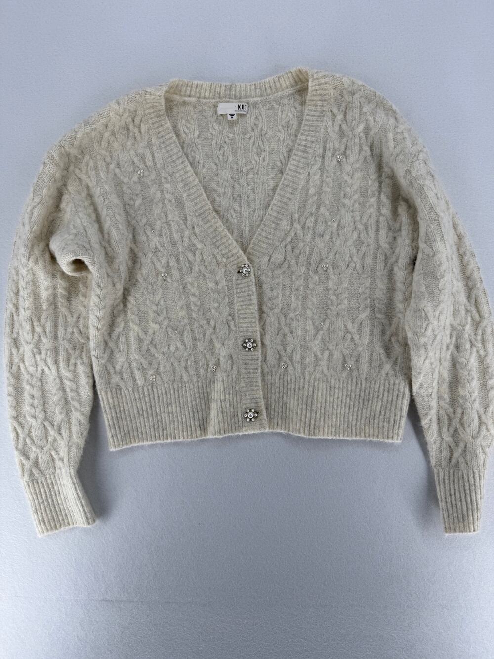 KUT From The Kloth Ivory Cable Knit Crop Cardigan Sweater Beaded Buttons Women M